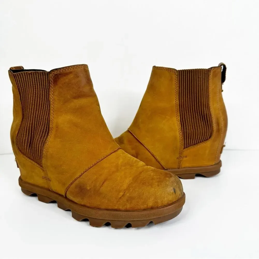 Sorel Joan Of Arctic Leather Wedge Chelsea Boot Camel Tan Size 8 NL3022-224